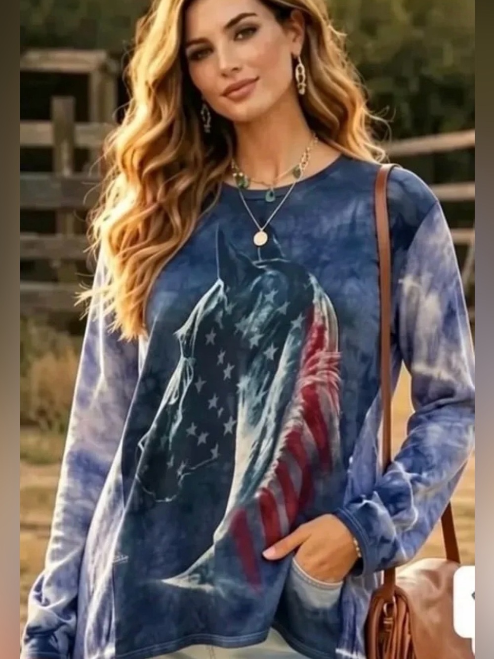 HORSE PATRIOTIC FLAG upcycled TIE DYED knit slv tunic top os M L XL 1x 2x 3x